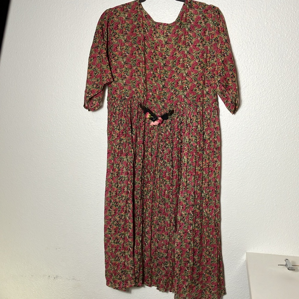 VINTAGE Papillon Maxi Flowy Dress Women's LARGE Black Multicolor Floral 54'' - Picture 4 of 8